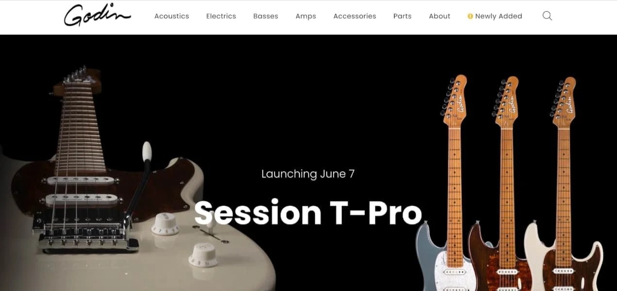 Godin website with a black background and photos of guitars