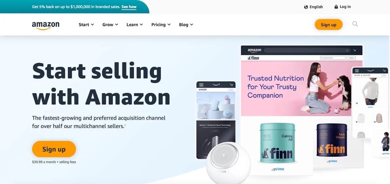 Amazon page with the text "start selling with Amazon"