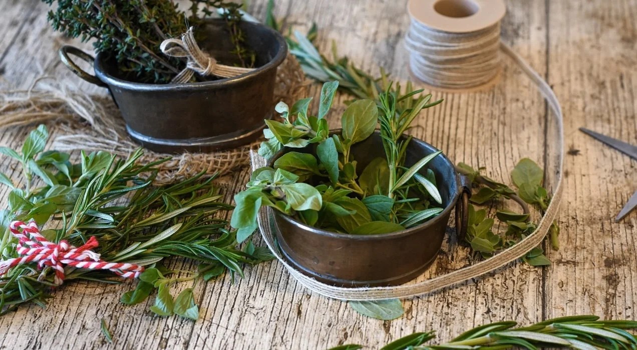 bowls full of fresh herbs