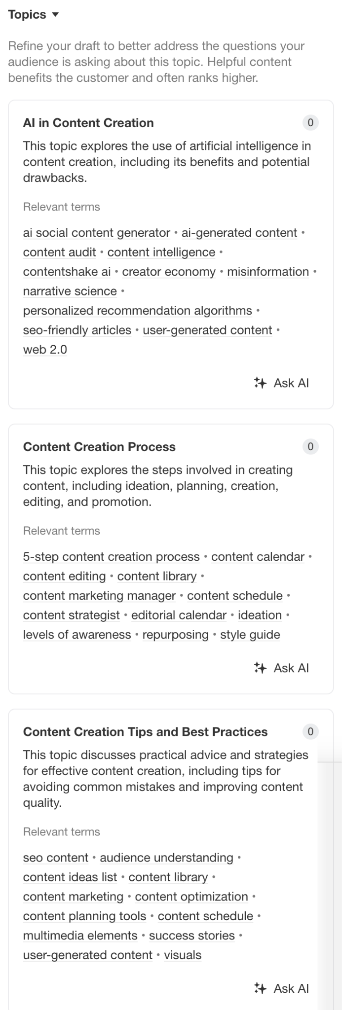 Suggested subtopics from AI Content Helper for "content creation"