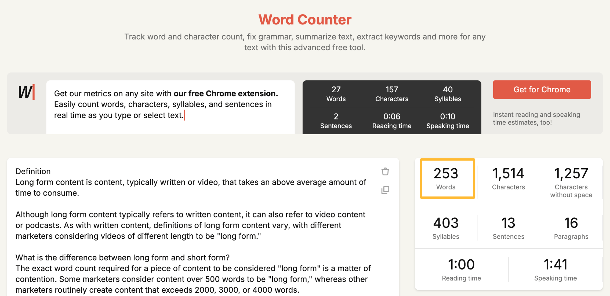 Actual word count of the page