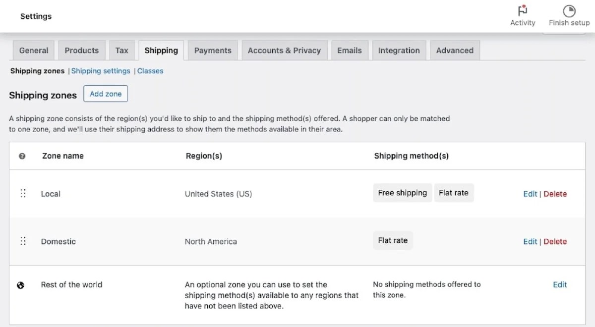 setting up shipping zones in WooCommerce