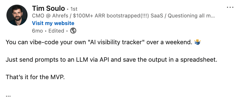 LinkedIn post by Tim Soulo explaining how to build an AI visibility tracker MVP by sending prompts to an LLM API and saving output to a spreadsheet.