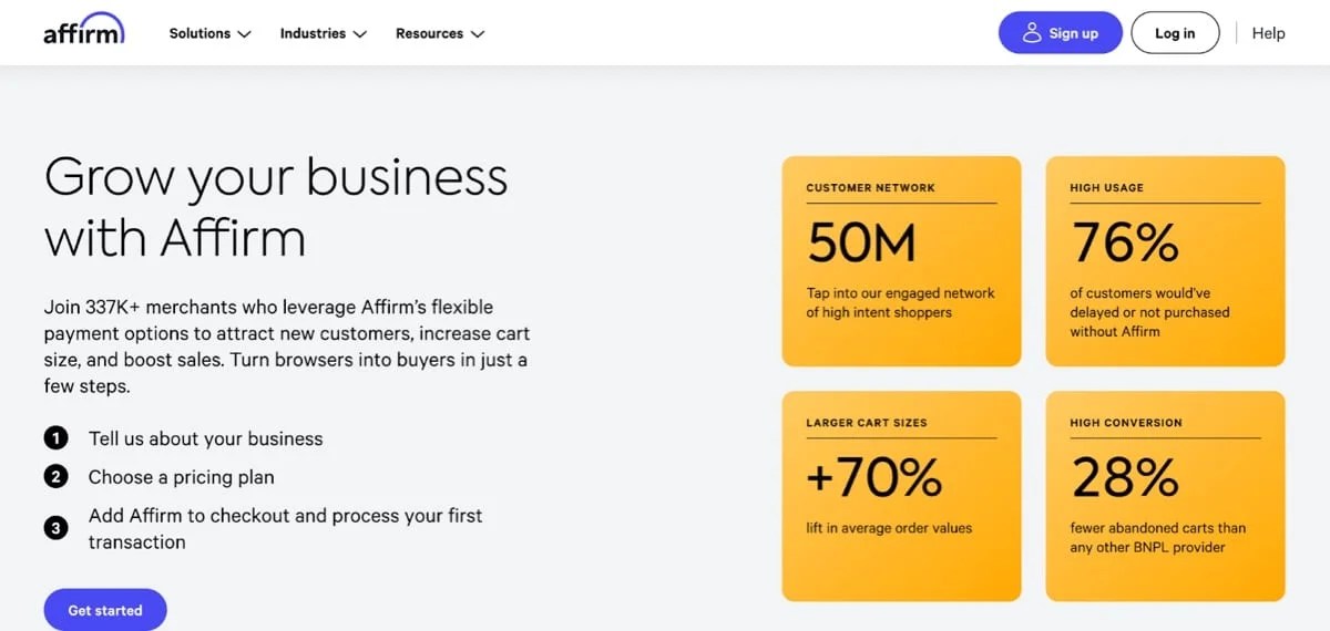 Affirm site with the text "Grow your business with Affirm"