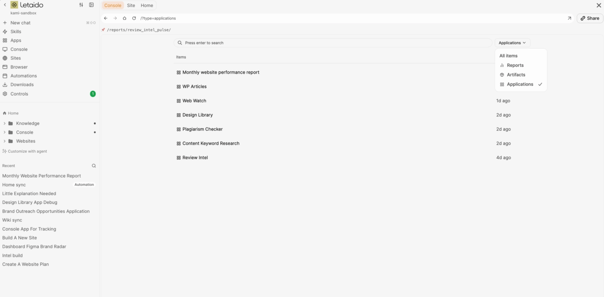 Letaido console apps filter
