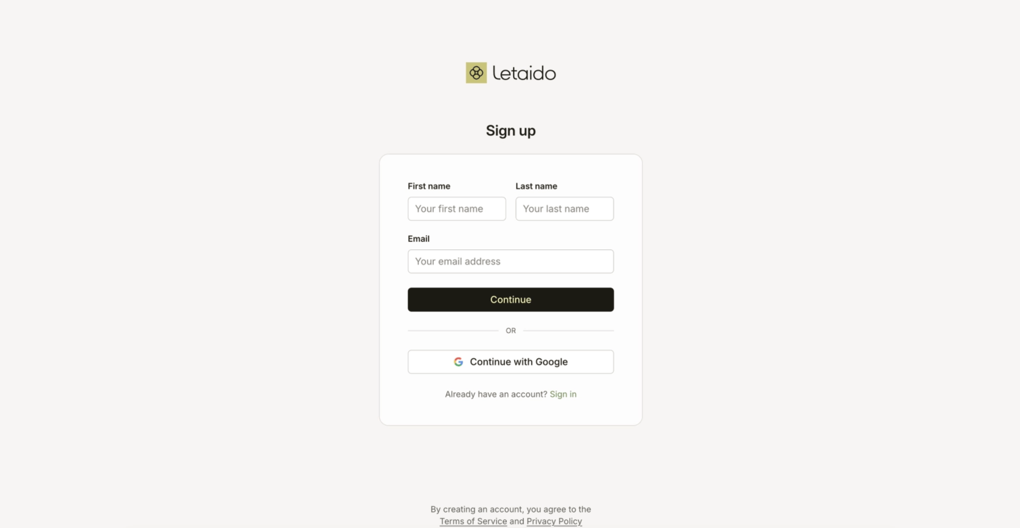Letaido sign up page