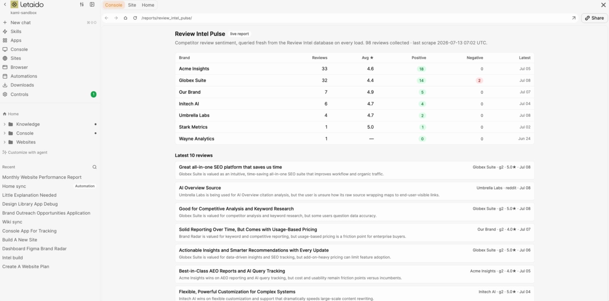 Letaido sentiment overview report example