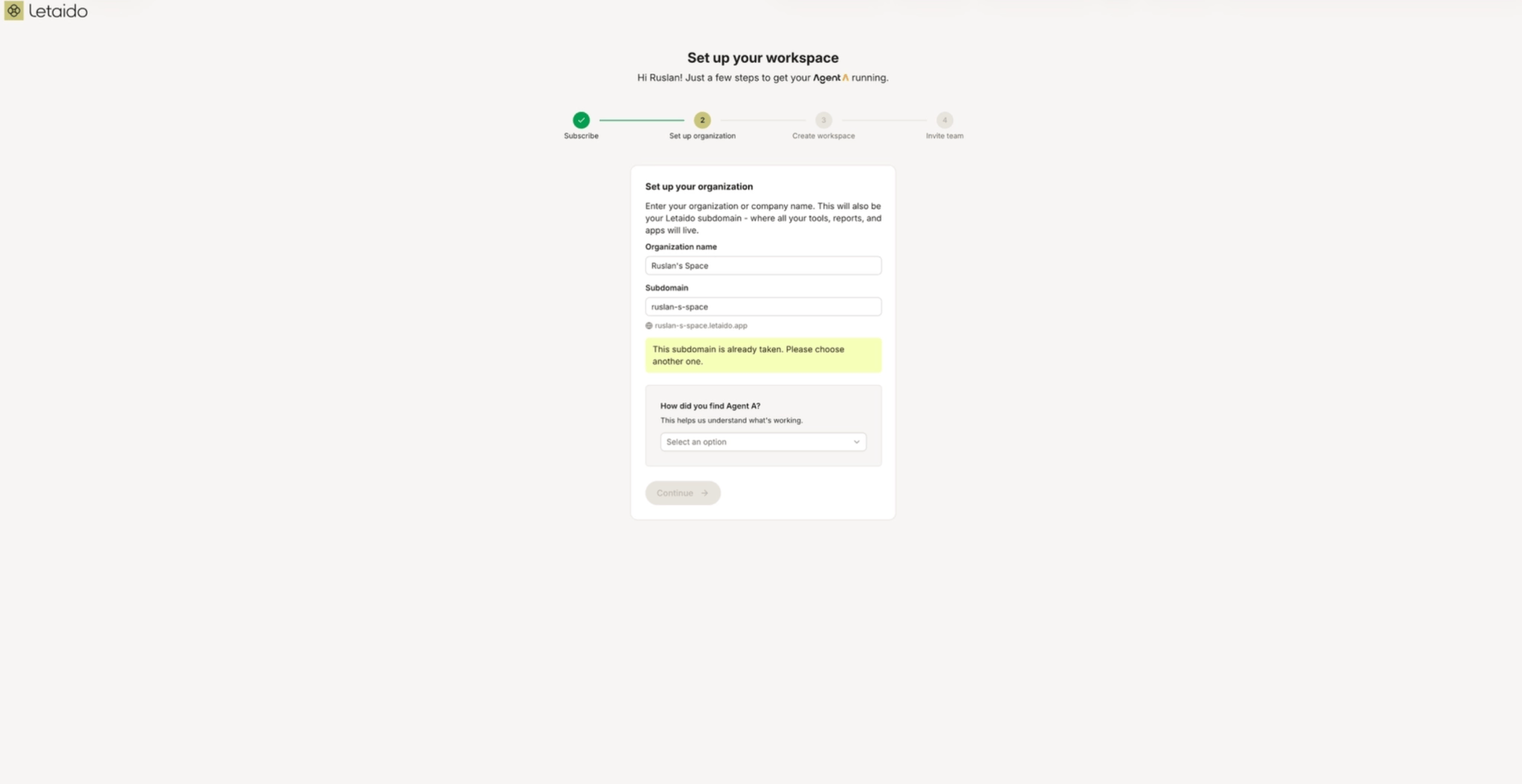 Letaido organization name setup